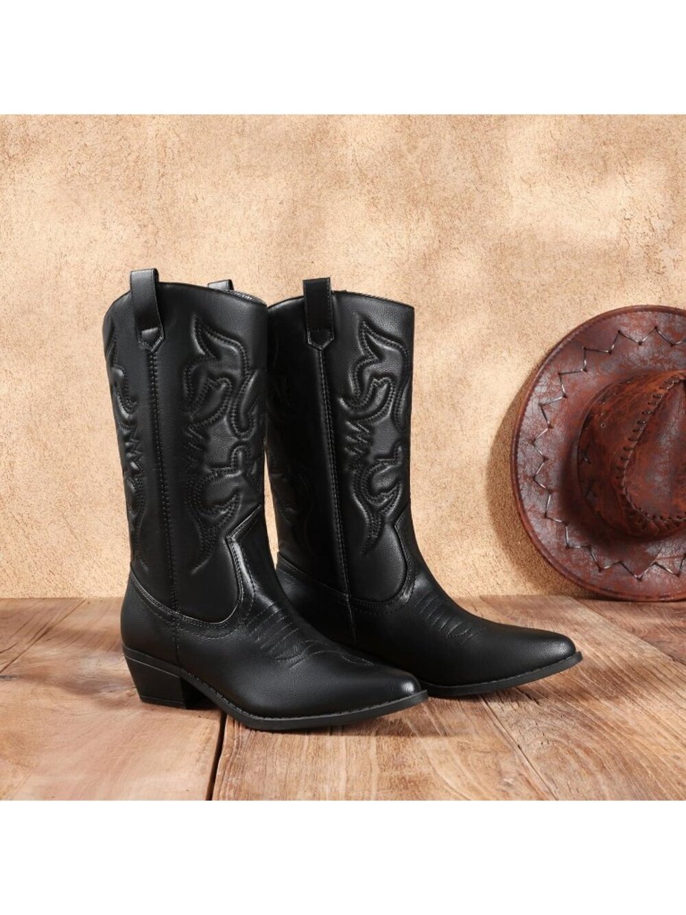 DREAM PAIRS Women's Black Faux Leather Mid-Calf Classic Comfort Cowboy Boots - Picture 2 of 6